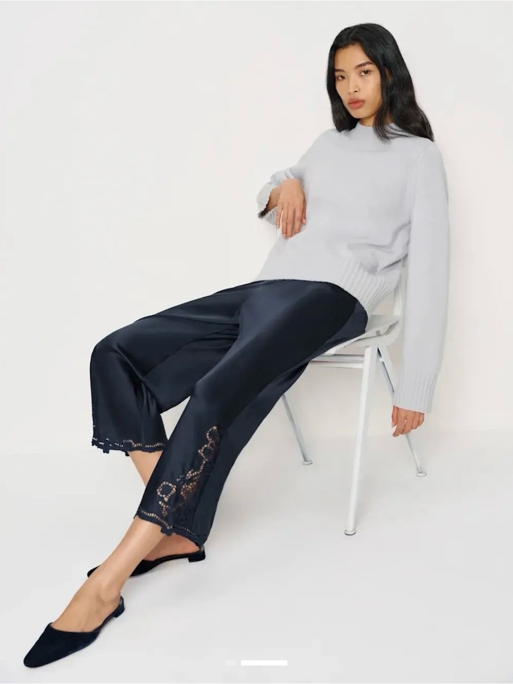 Reformation Navy Satin Cropped Wide-Leg Pants with Side Cutwork - Picture 2 of 5
